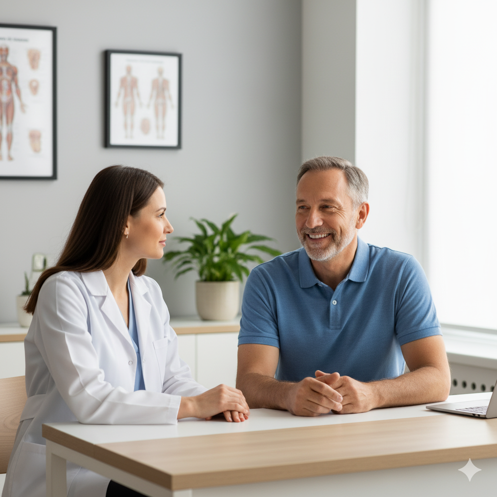 artilee A doctor and a happy patient discussing treatment in a clinic, representing the trust built through patient care.