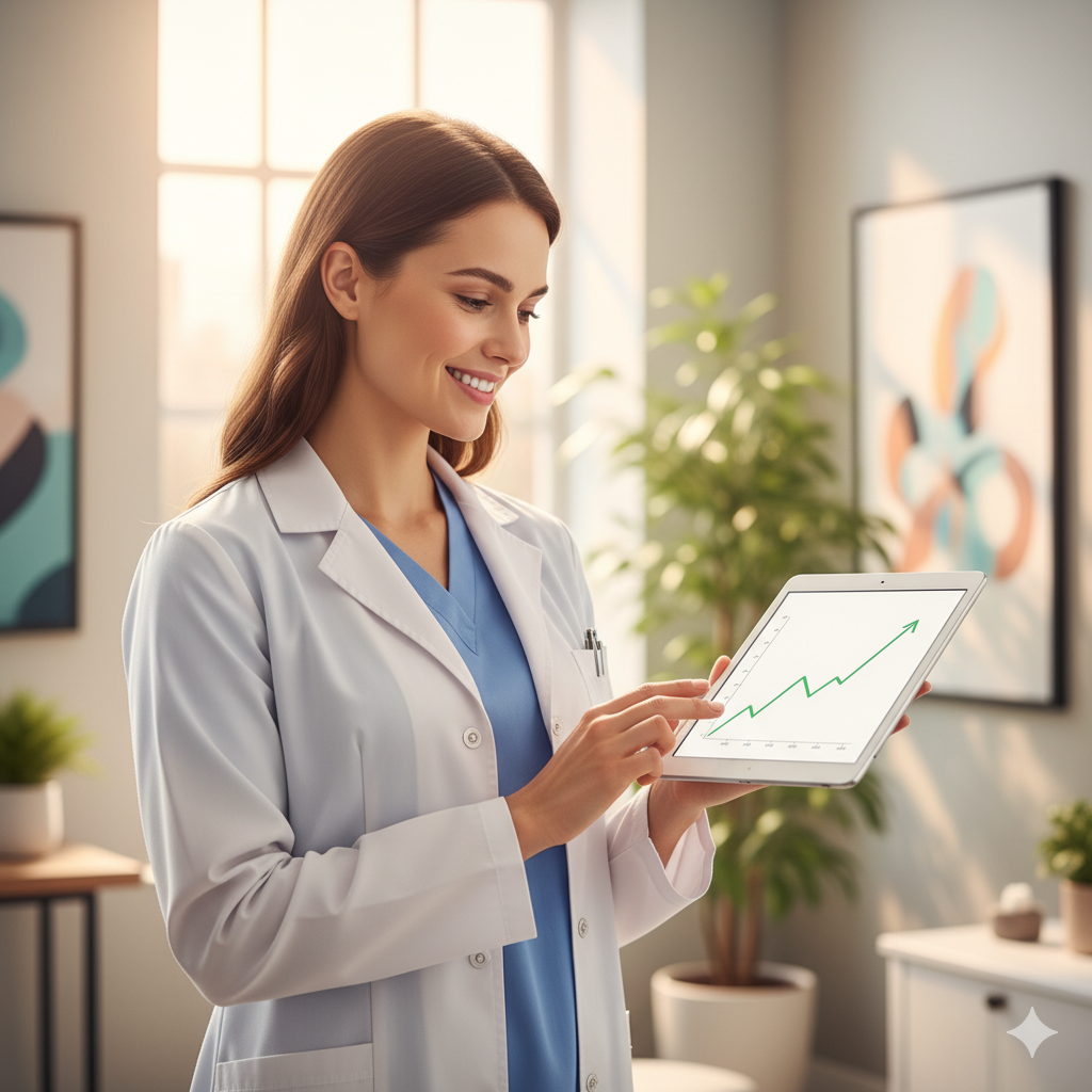 A doctor reviewing a graph showing patient growth, illustrating the success of SEO for doctors.