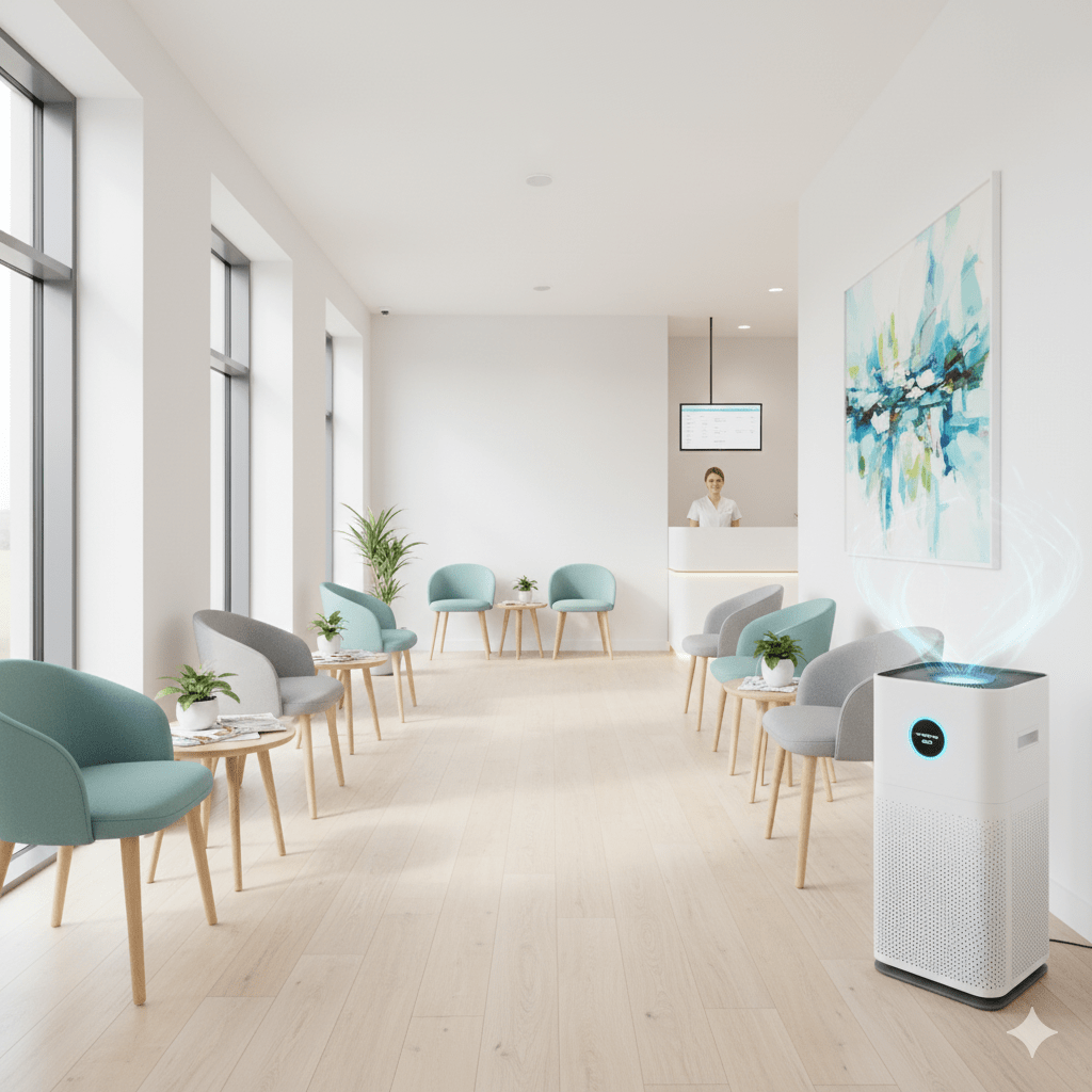 delhi clinic A clean clinic waiting room with an air purifier, marketed as a safe haven from Delhi's pollution.