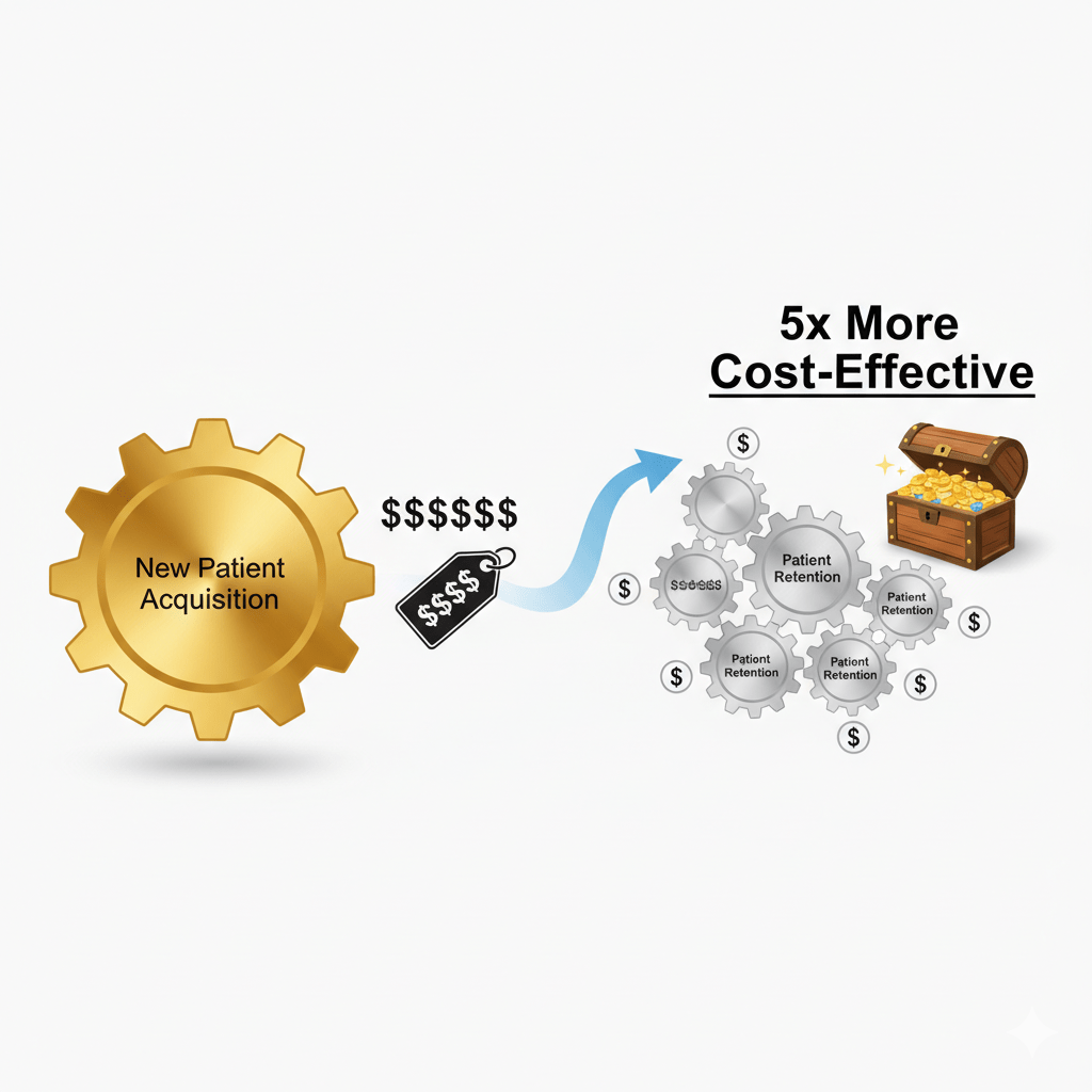 Infographic comparing the high cost of new patient acquisition to the cost-effectiveness of patient retention strategies for healthcare.